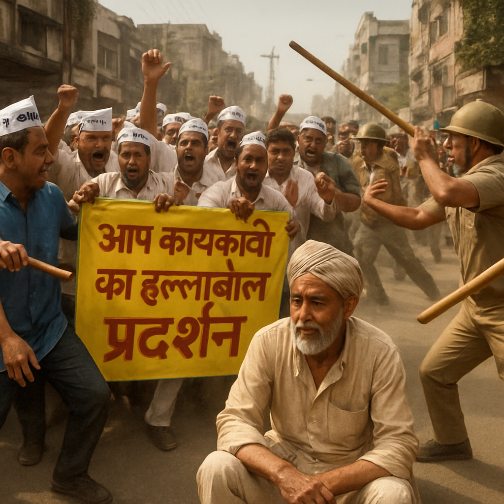 लखनऊ AAP प्रदर्शन: खाद कालाबाजारी, किसानों पर लाठीचार्ज