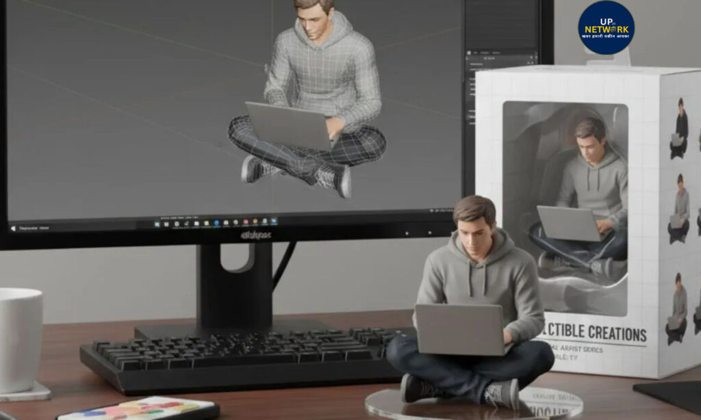 3D model beside computer workstation setup.