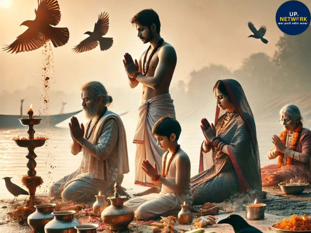 Family performing rituals by the river.