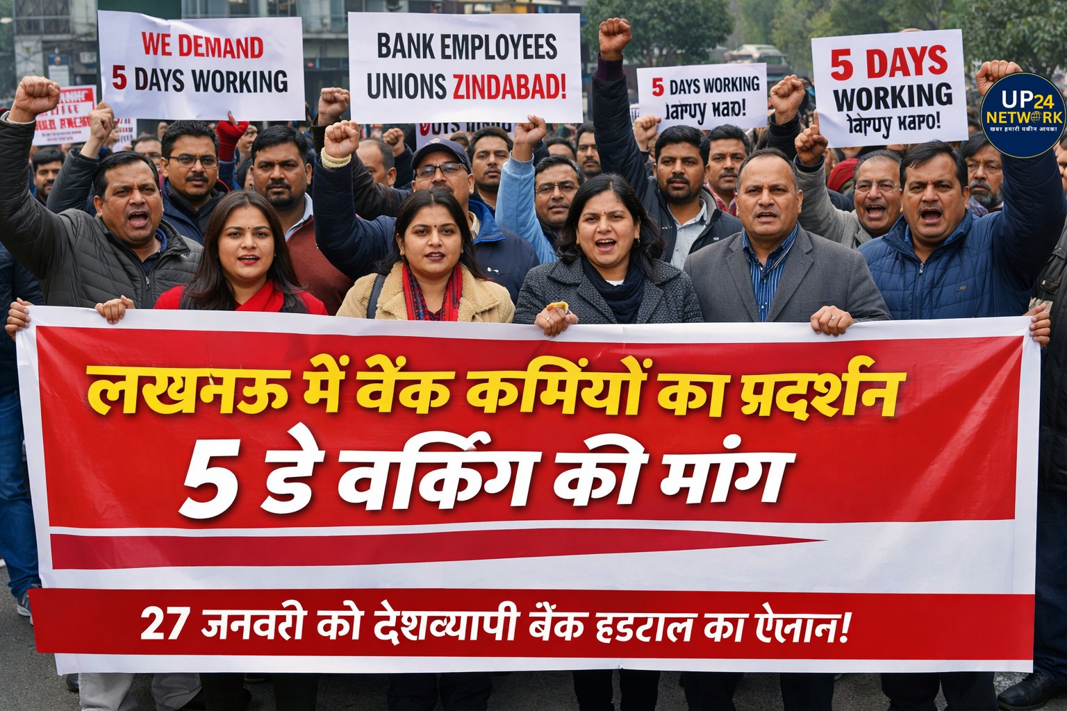 लखनऊ में बैंक कर्मियों का प्रदर्शन, 5 डे वर्किंग की मांग