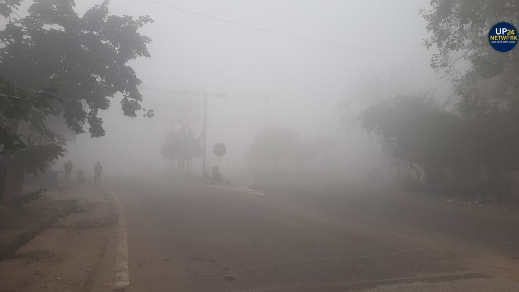 Dense fog obscuring the road visibility.