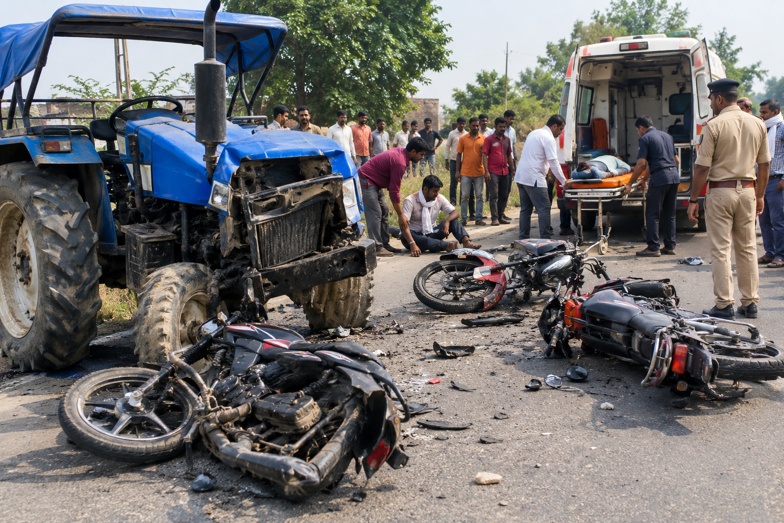 हमीरपुर राठ जराखर रोड पर ट्रैक्टर की टक्कर से तीन बाइक क्षतिग्रस्त, चार लोग घायल