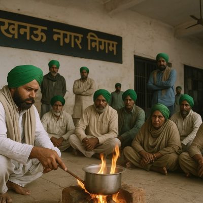 लखनऊ किसान प्रदर्शन: चूल्हा जलाते और FIR मांगते हुए
